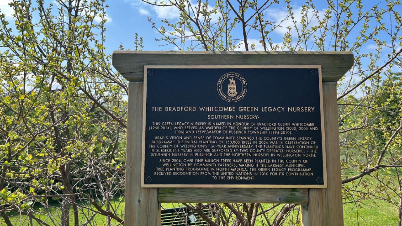 Green Legacy plaque mounted in front of blossoming trees