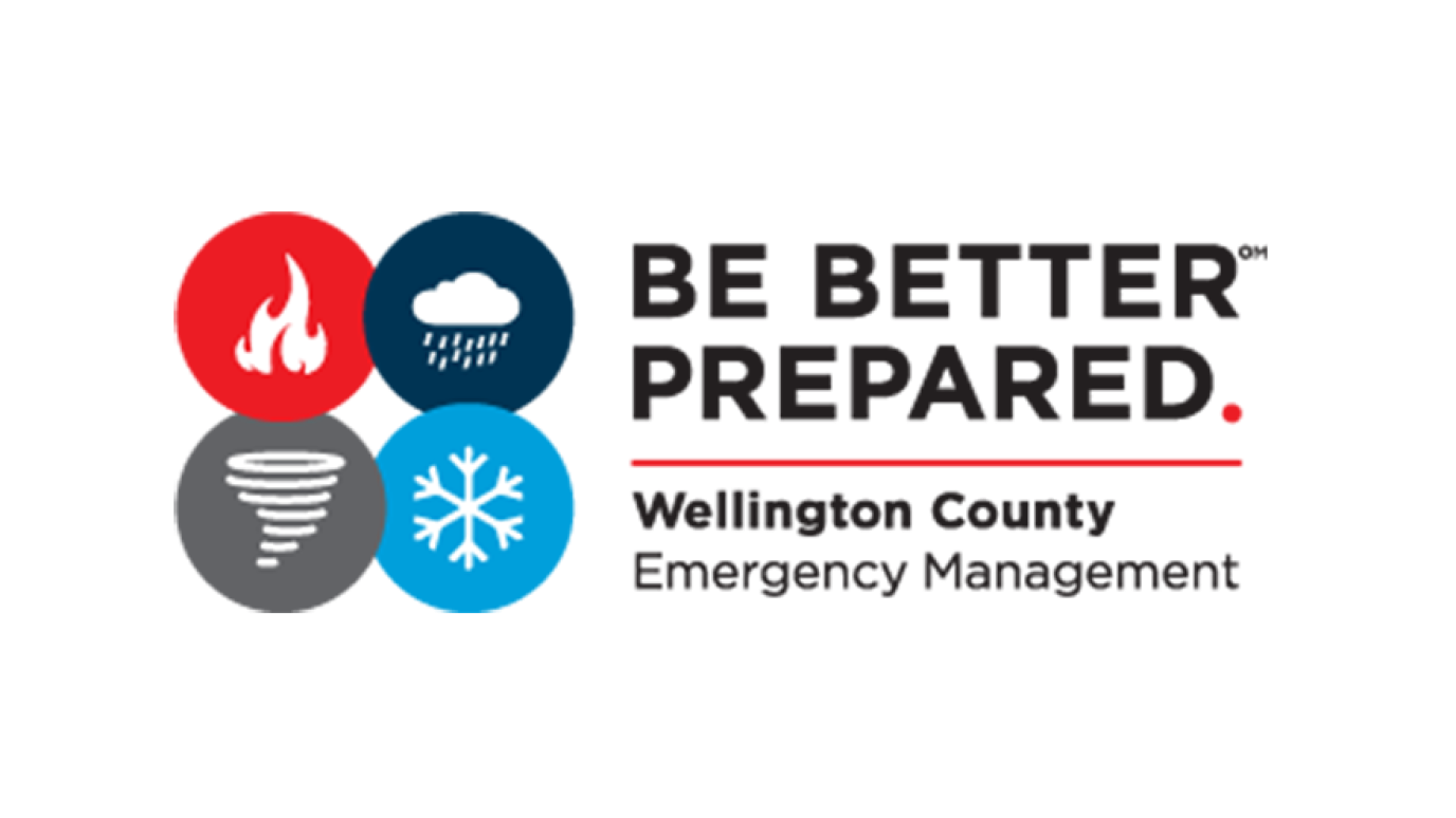 Four coloured circles surrounding symbols for fire, rain, tornado, and snow. Logo text reads: Be Better Prepared: Wellington County Emergency Management.