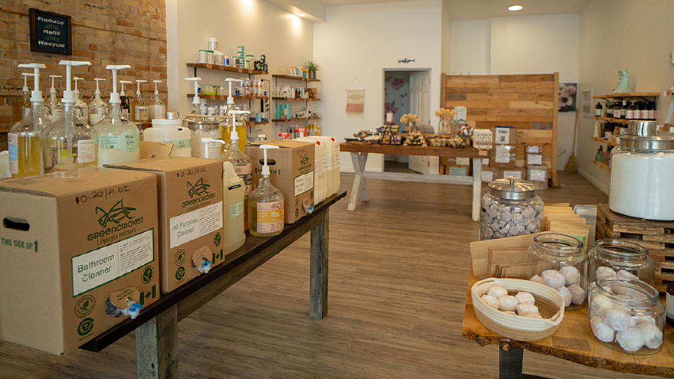 A sustainable products shop with a refill station for soaps