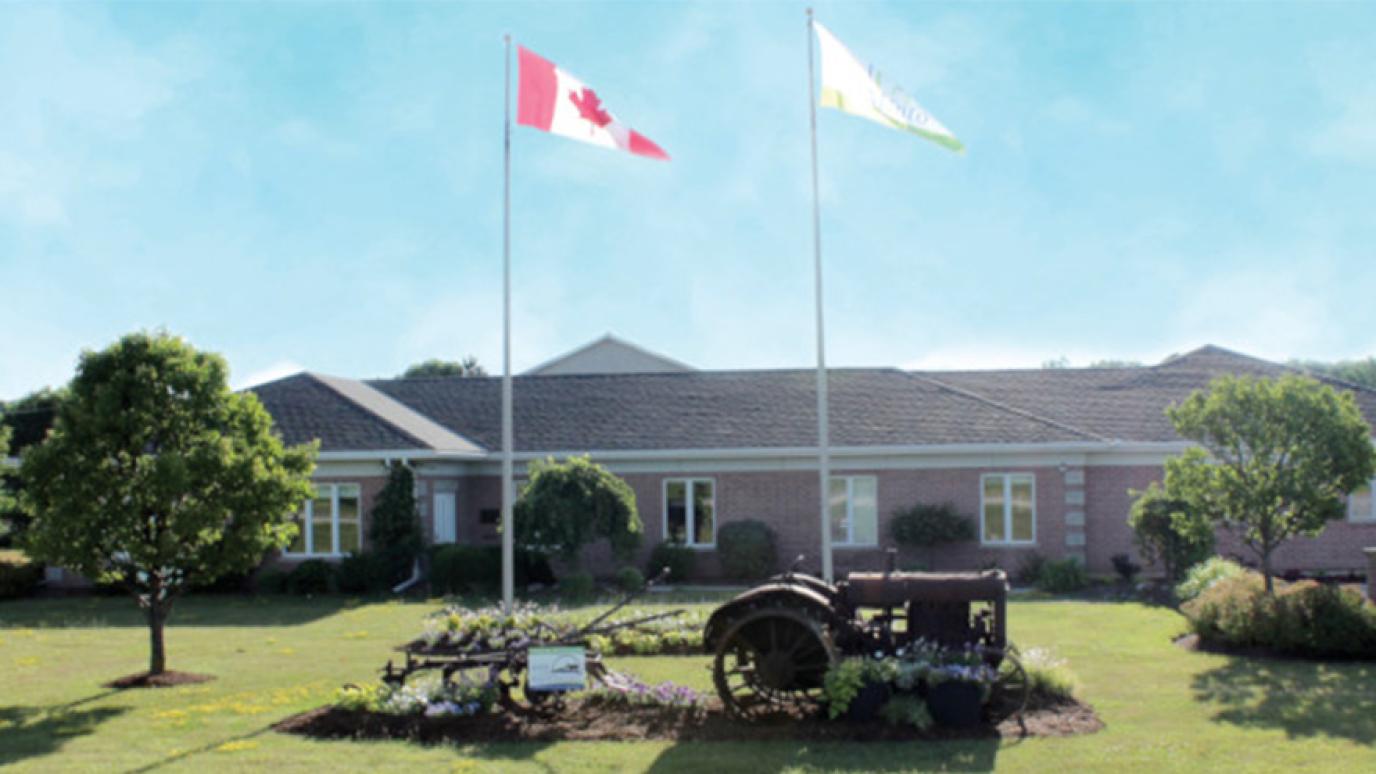 A statue of a cannon and flagpole with the canadian flag in front of a local city hall building.