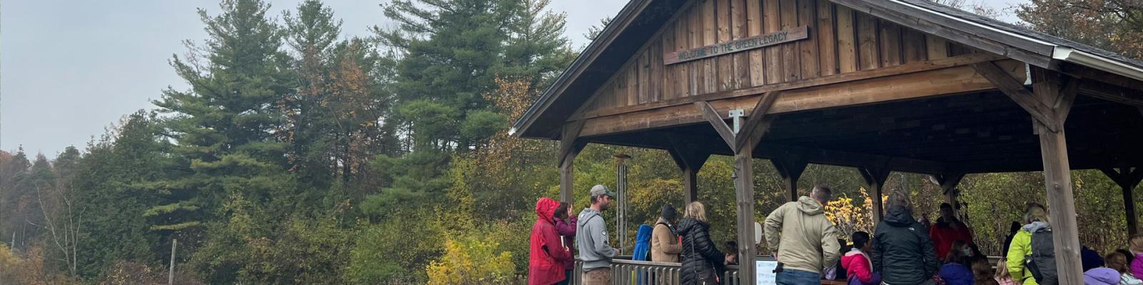 Class of children with chaperones gathering under a pergola a the Green Legacy Nursery surrounded by trees