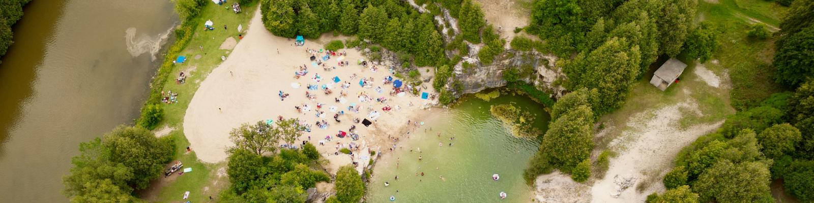 Aerial view of the Grand River just beside Elora Quarry