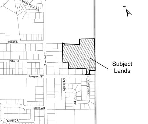A map of the subject lands, off Prospect St near the intersections of Grand Trunk St.