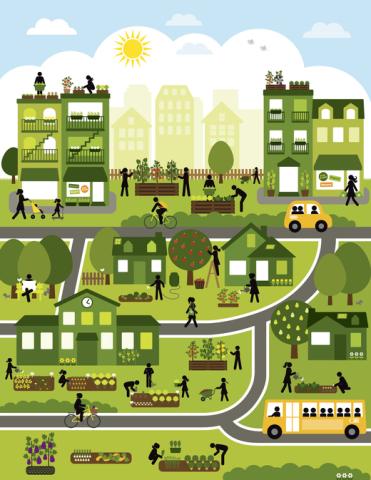 Illustration of a city with a number of residents doing a variety of outdoor activities 