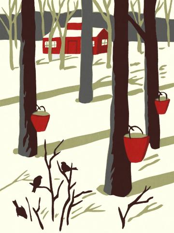 graphic of trees with red buckets hanging and a red house
