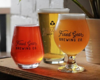 Beer served in Fixed Gear Brewing Co. glasses.