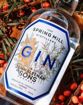 A close-up of a clear glass bottle of Spring Mill Distillery Gin, with a white and blue label, resting on a bed of green foliage and small red and orange berries.