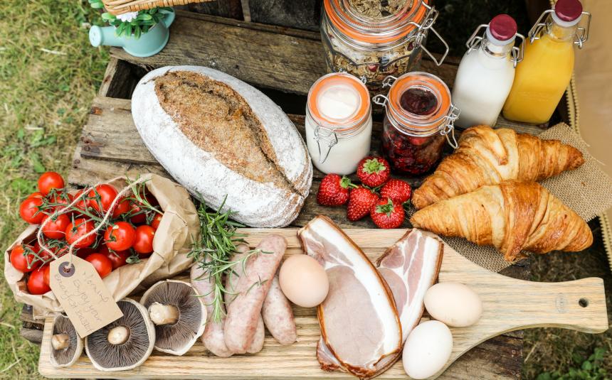charcuterie board or fresh meats, breads, toppings and more
