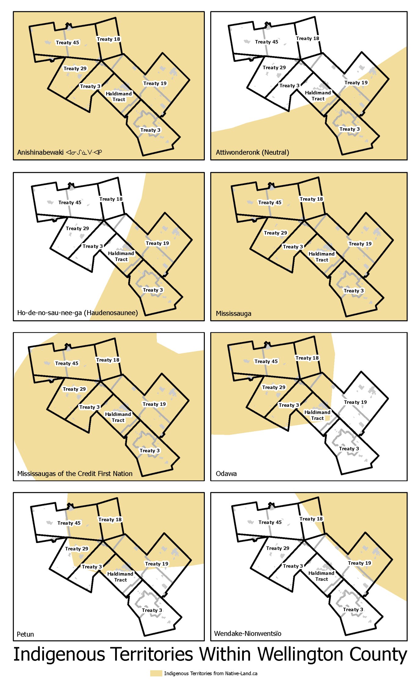 8 Maps of Wellington County with each map outlining each indigenous territories from Native-Land.ca 