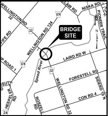 Map showing the site of the Blatchford Bridge where Wellington Road 32 crosses the Speed River.