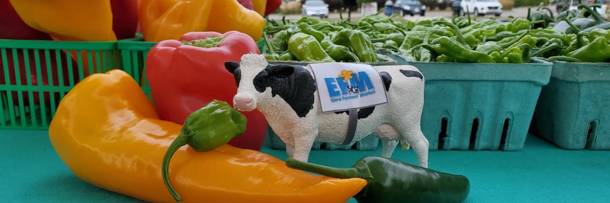 toy cow with veggies on a table