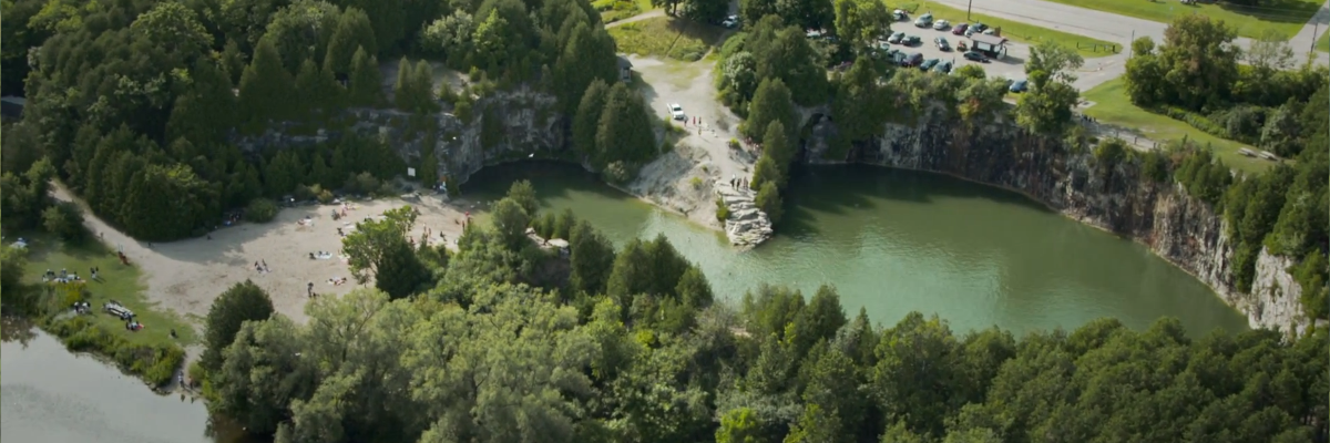 aerial view of quarry and beach