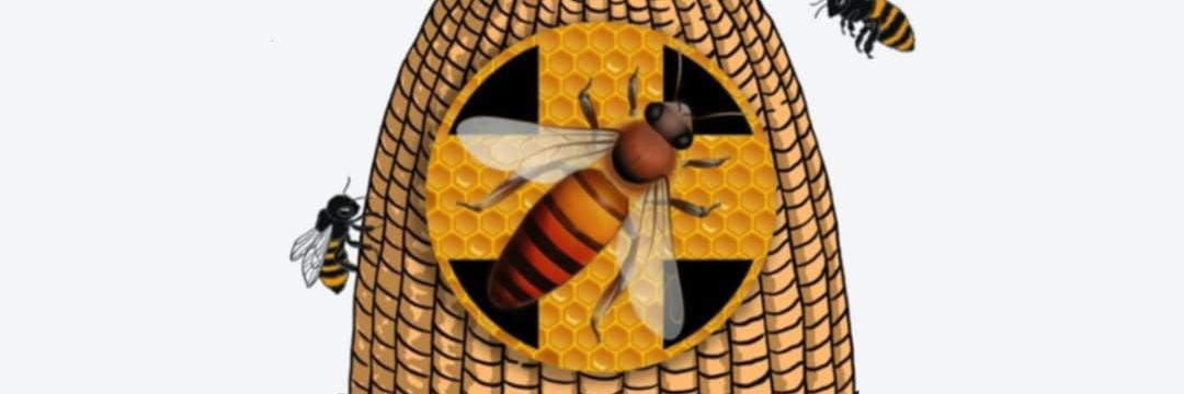 graphic of bees surrounding a hive
